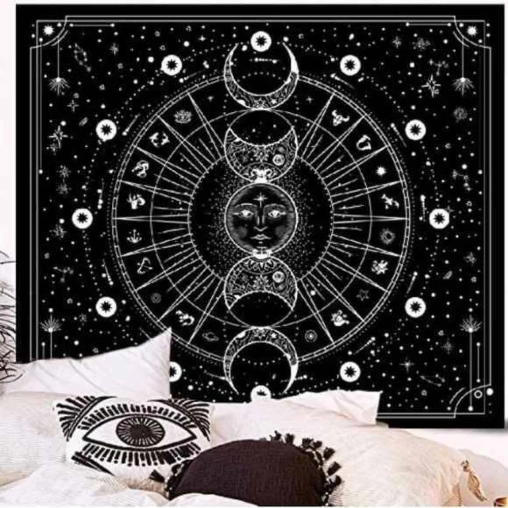 Sun Moon Tapestry Black and White Wall Tapestry